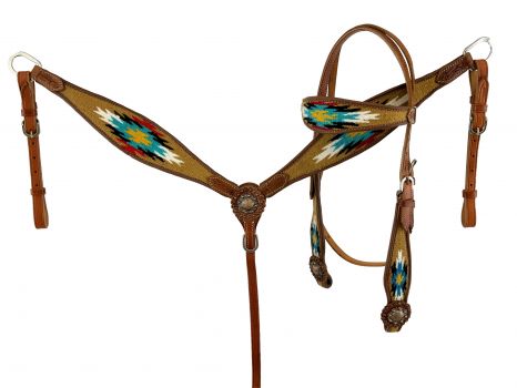 Showman Browband Headstall &amp; Breast collar set with wool southwest blanket inlay - tan and rose gold